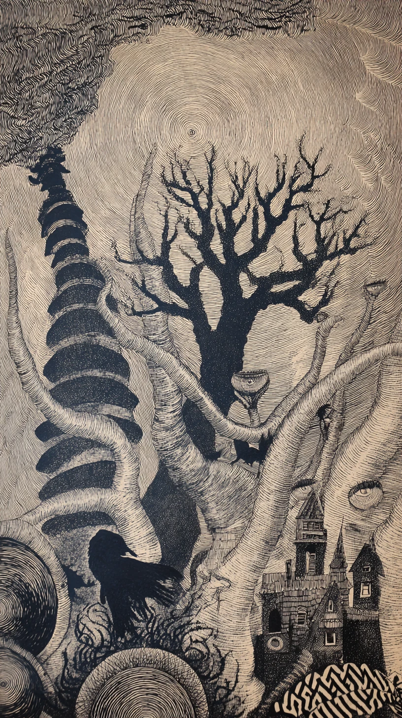 Gotischer surrealer Wald mit emporragenden spiralförmigen Bäumen