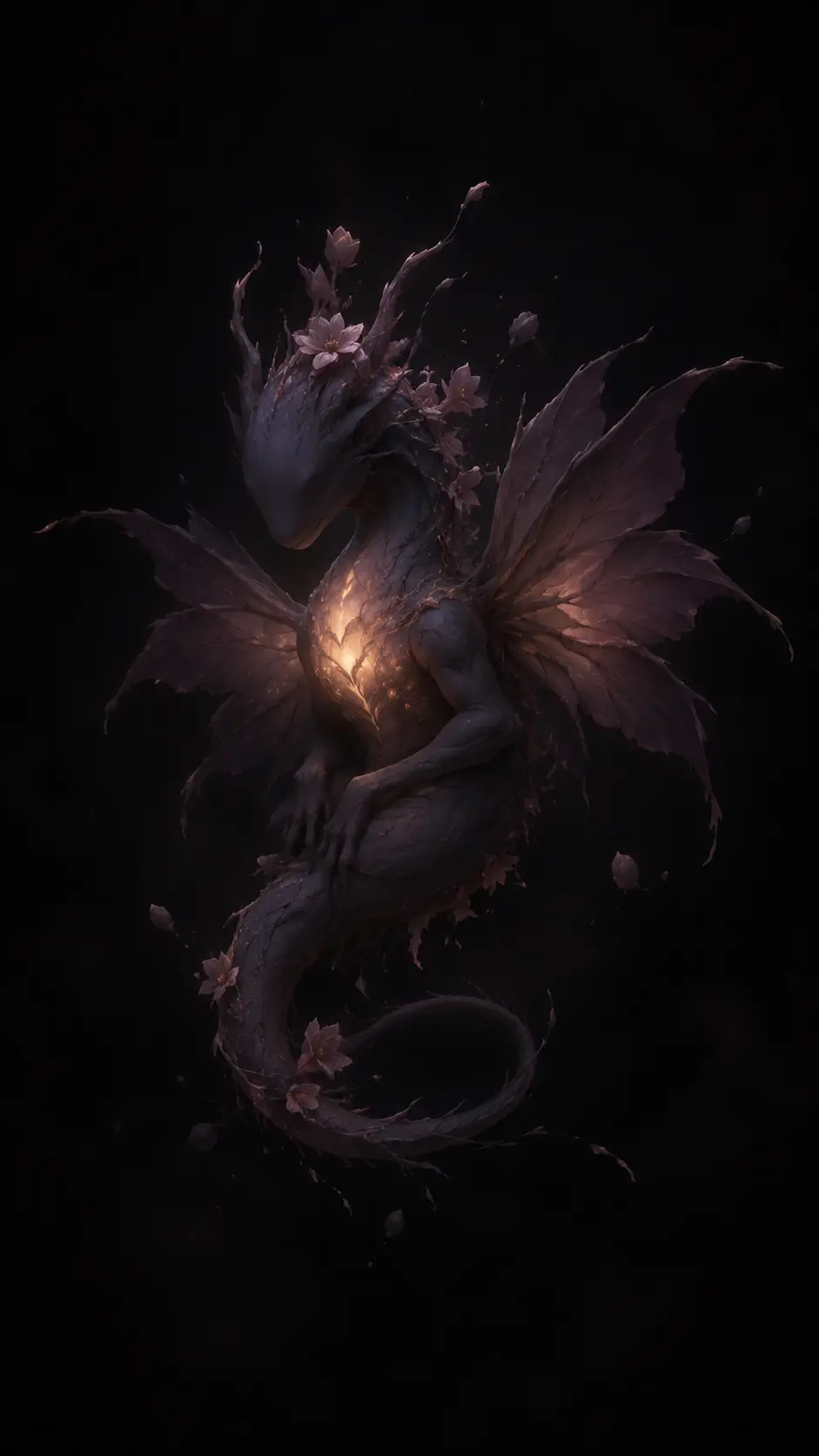 Small eyeless dragon with glowing chest in dark void