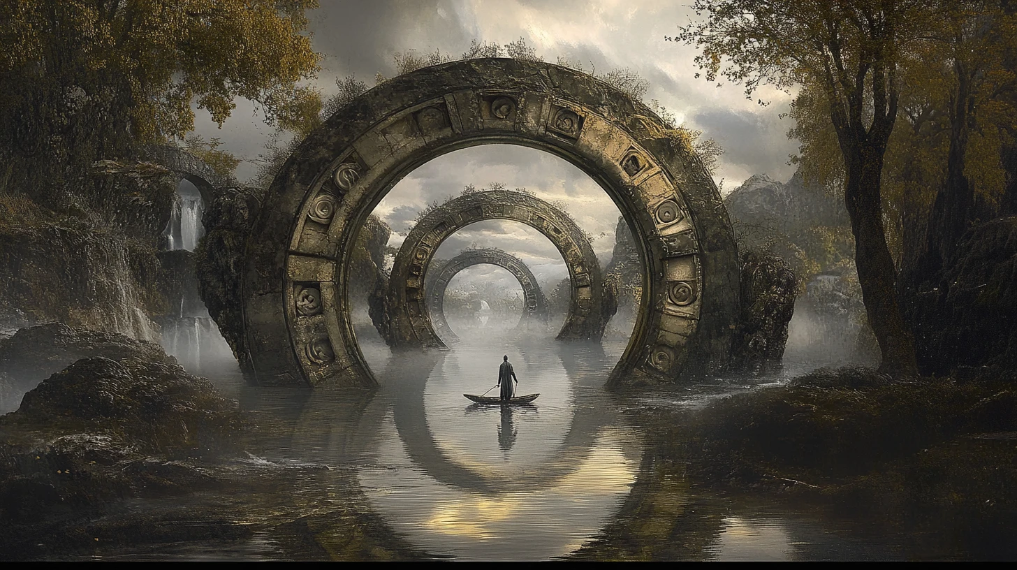 Mystic Ferryman On Surreal River Of Antique Clock Rings
