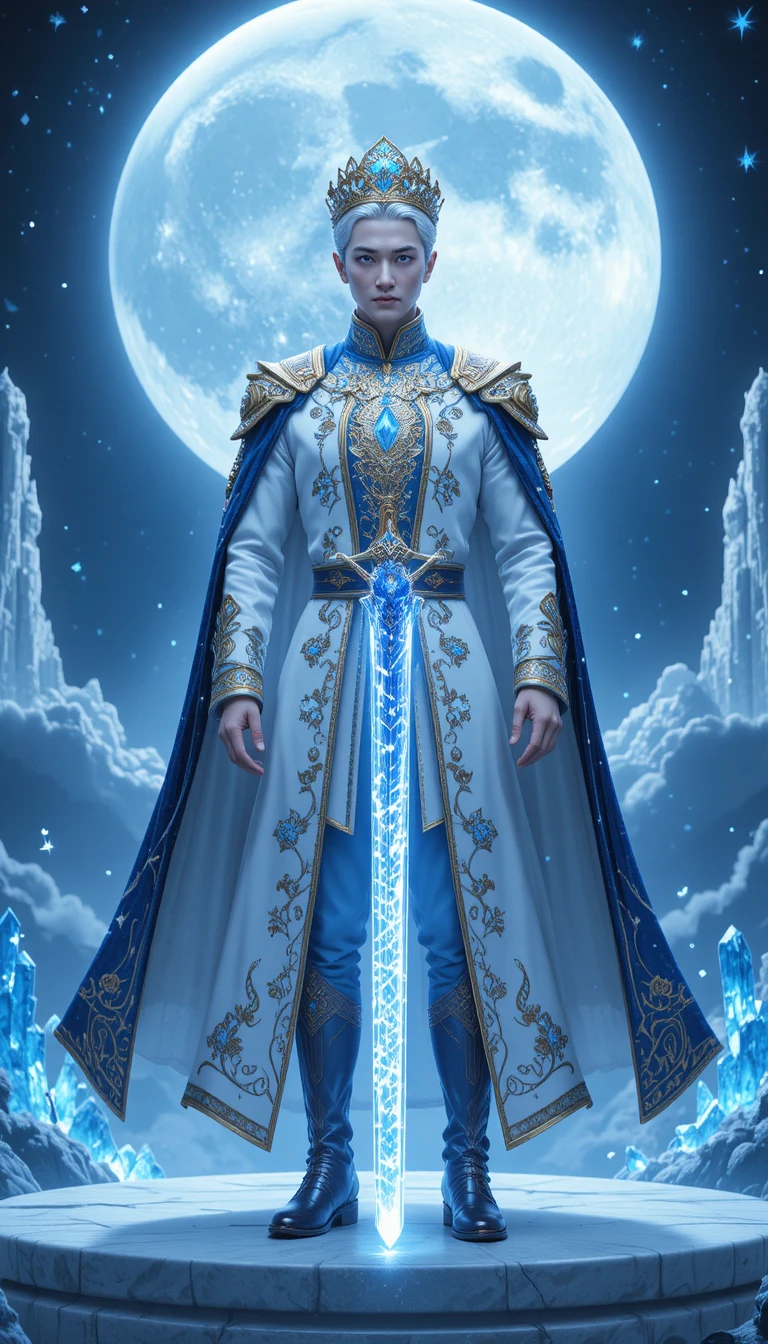 Silberhaariger Fantasy-Prinz mit Kristallschwert
