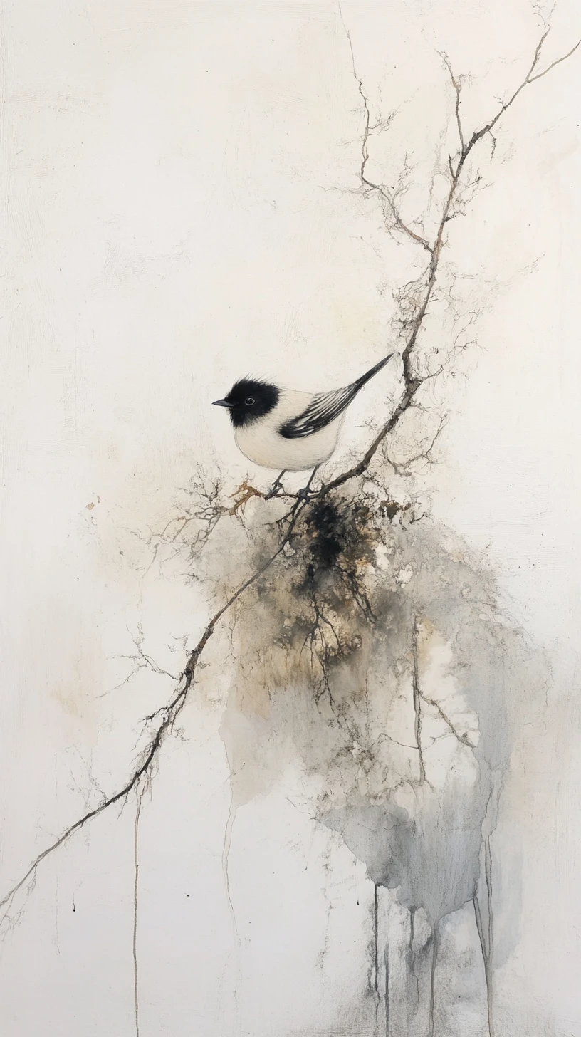 Minimalistischer abstrakter Vogel mit Ästen und verborgenem Gesicht