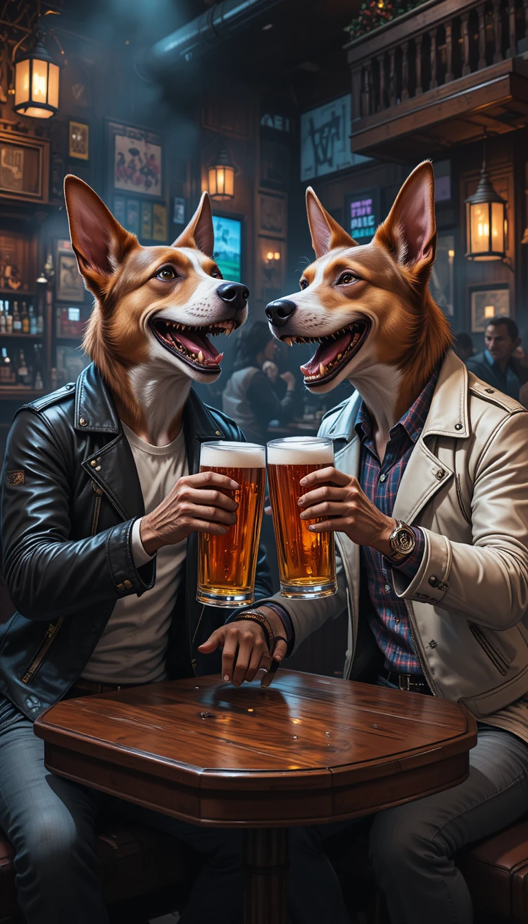 Chiens anthropomorphes partageant une bière dans un pub cosy