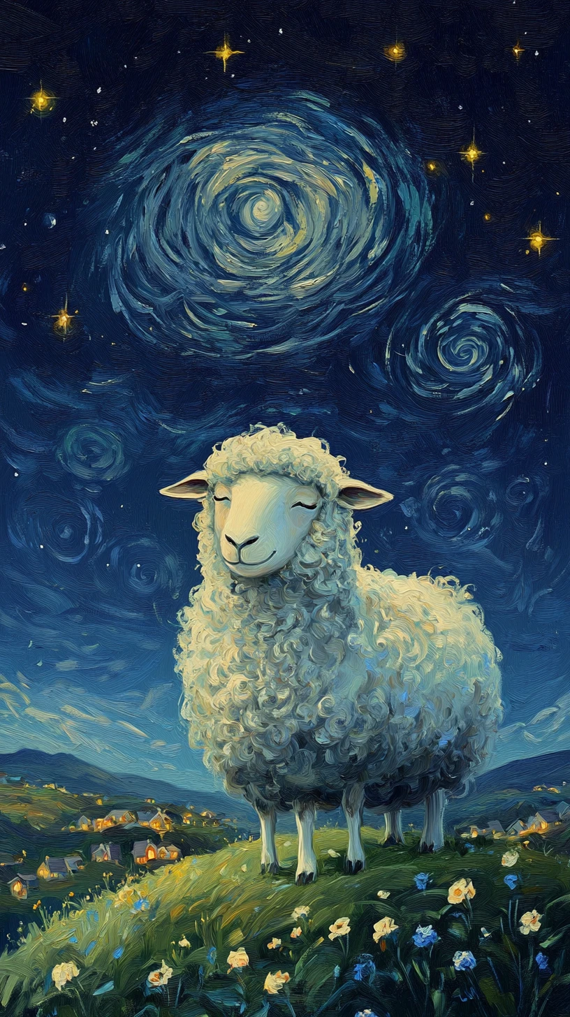 Sognante dipinto a olio di una pecora pacifica nella notte