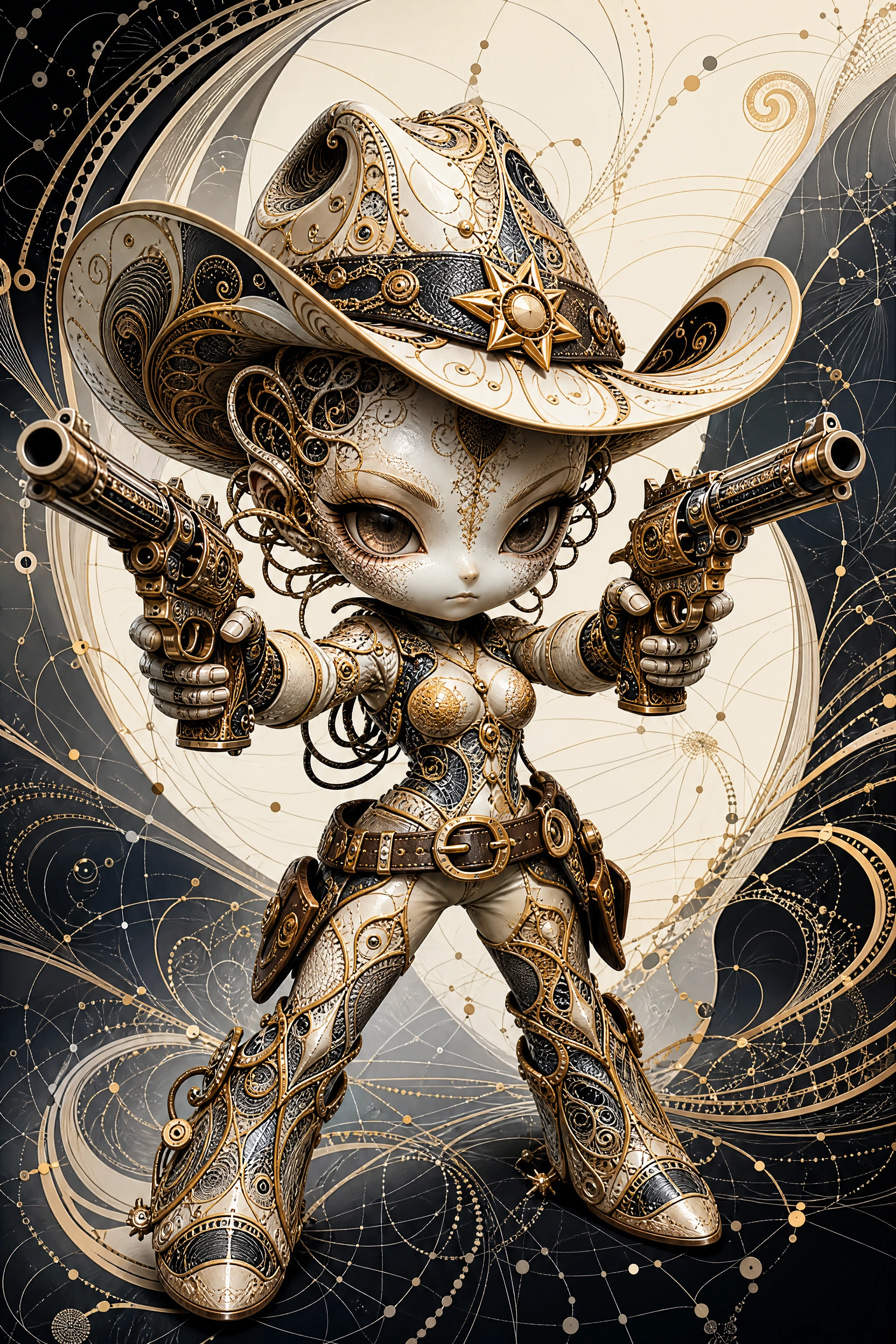 Cowgirl chibi en céramique fractale visant avec deux pistolets steampunk