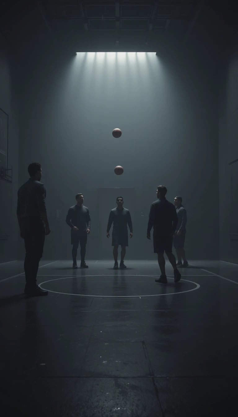Persone che si passano un pallone da basket in una stanza scura e minimalista