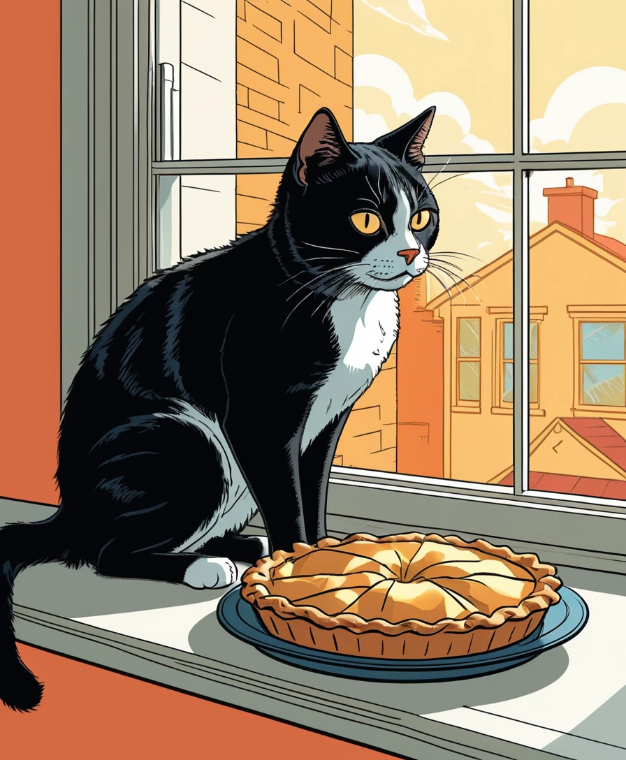 Schelmische Comic-Katze beäugt Apfelkuchen auf dem Fensterbrett