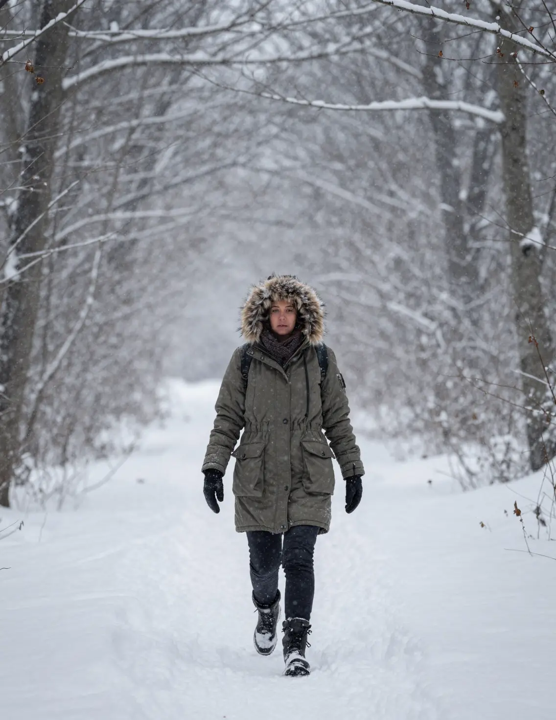 Mujer caminando por la nieve profunda en un bosque invernal