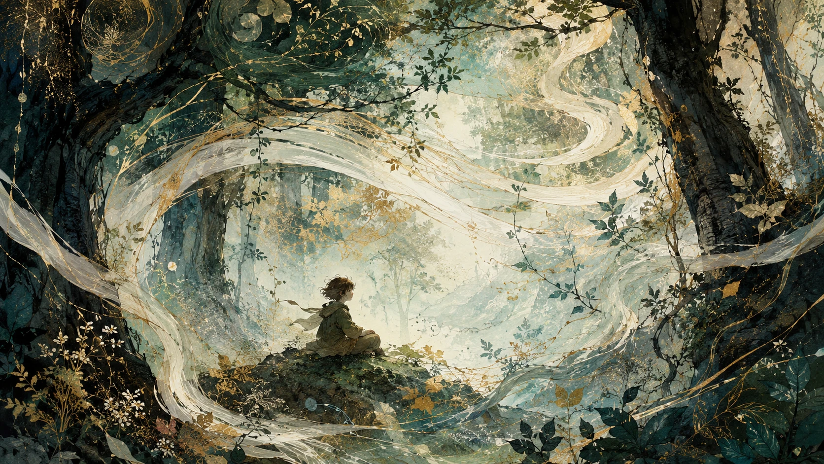 Sottili viti del bosco e piccola sognatrice del bosco – illustrazione
