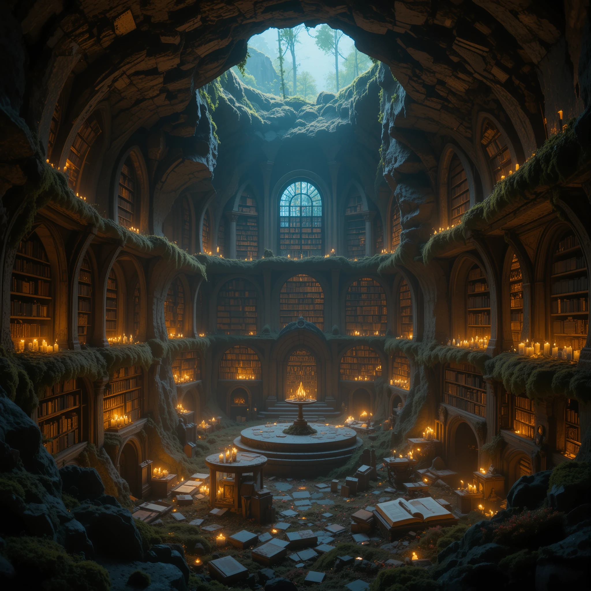 Biblioteca sotterranea dimenticata illuminata da migliaia di candele