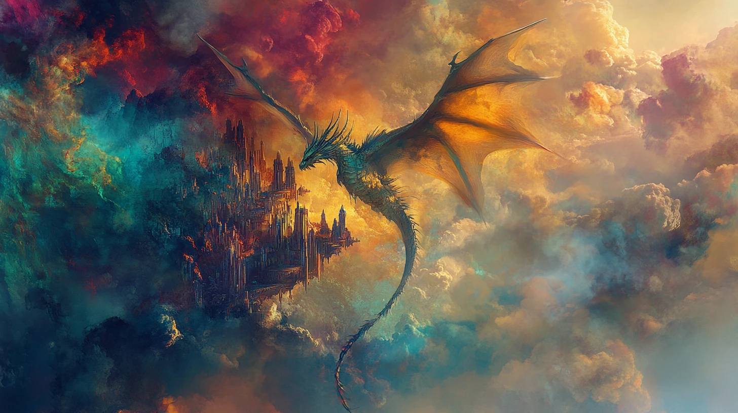 Majestic dragon flying toward a fragmented surreal city