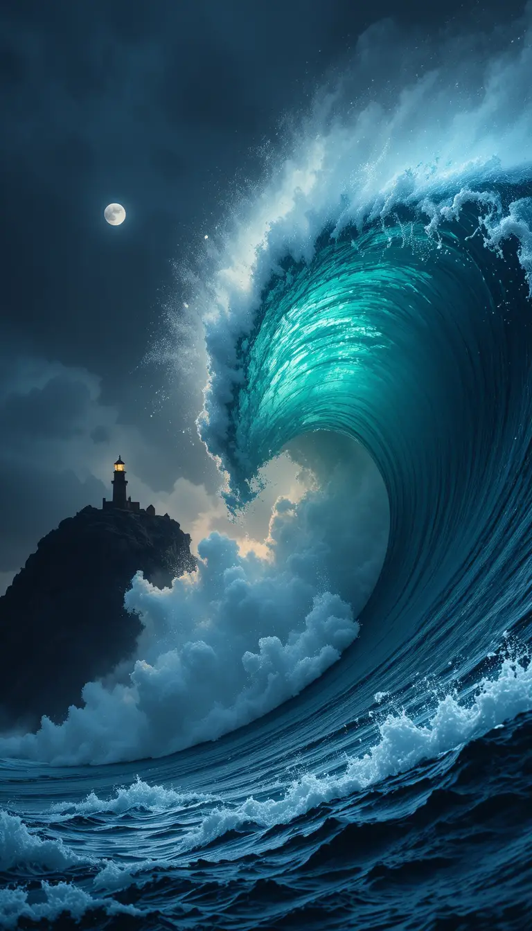 Imponente onda oceanica con faro nel cielo notturno tempestoso