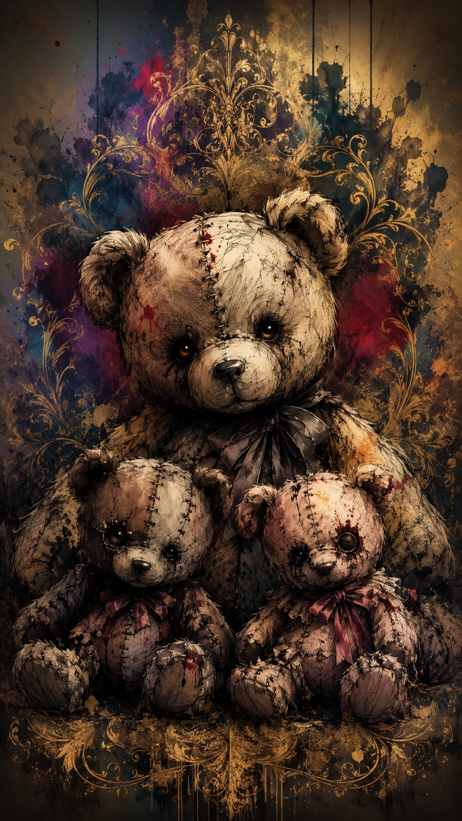 Ilustração de urso de pelúcia de terror assustador com padrões dourados