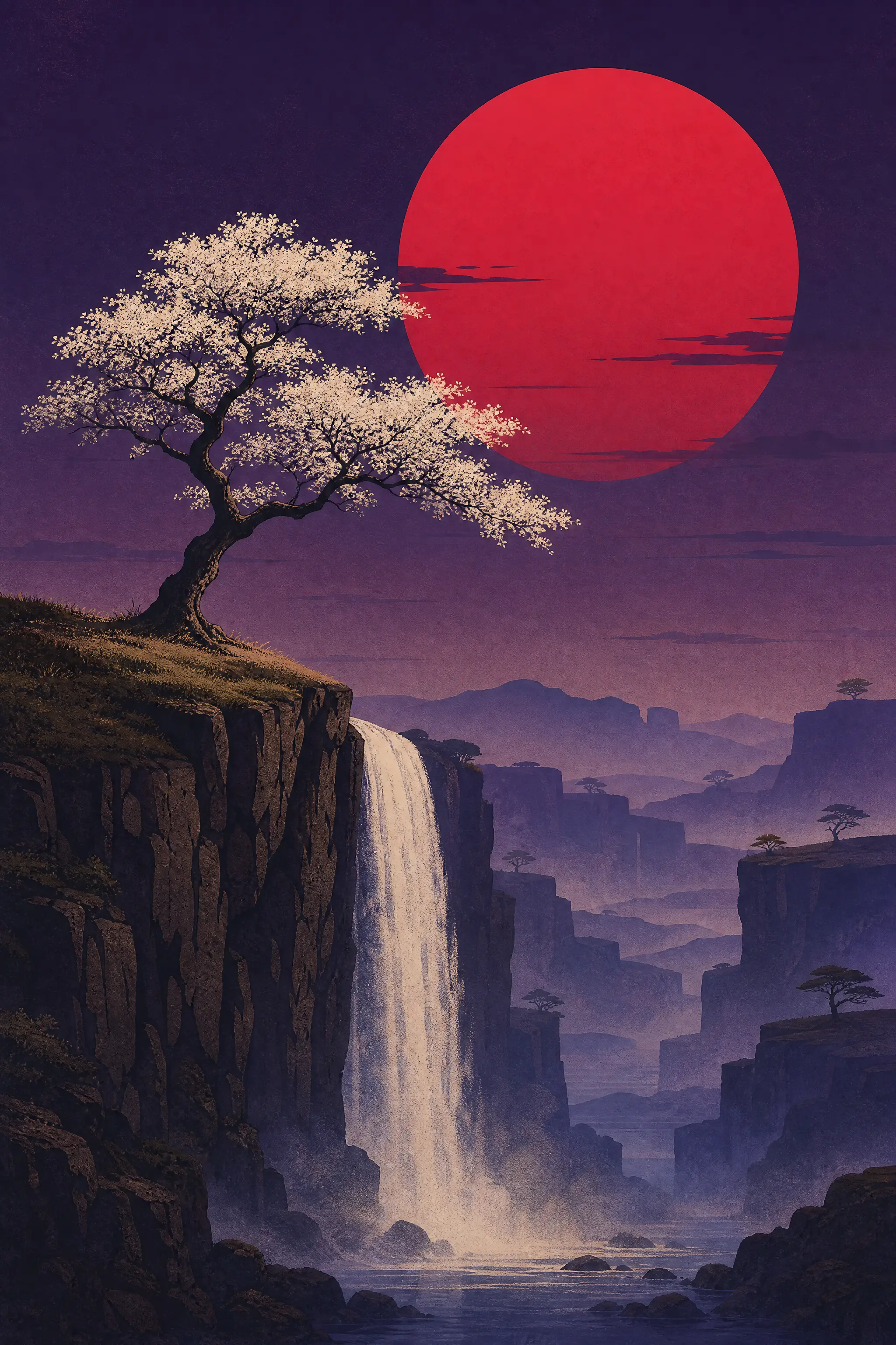 巨大的紅日下，瀑布旁懸崖上的白色樹木