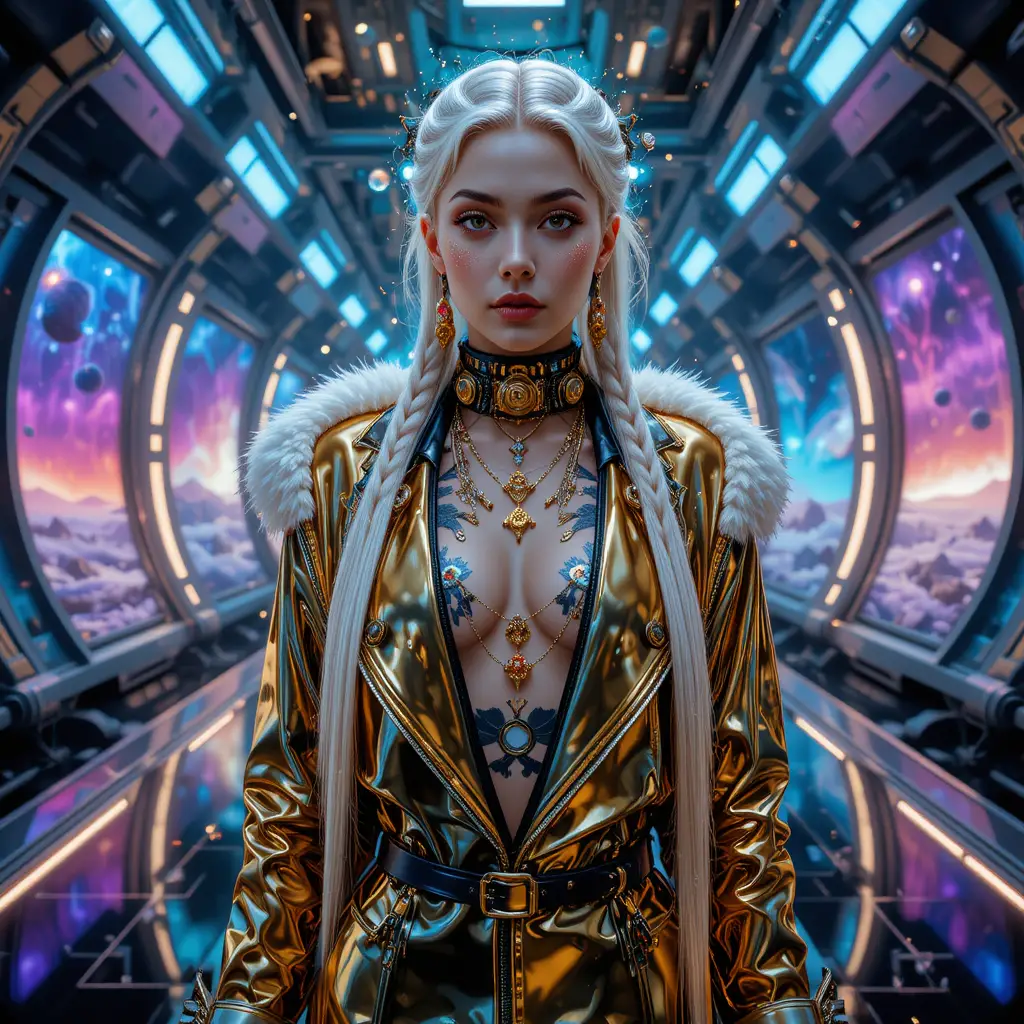 Cyber steampunk woman on futuristic space fashion runway