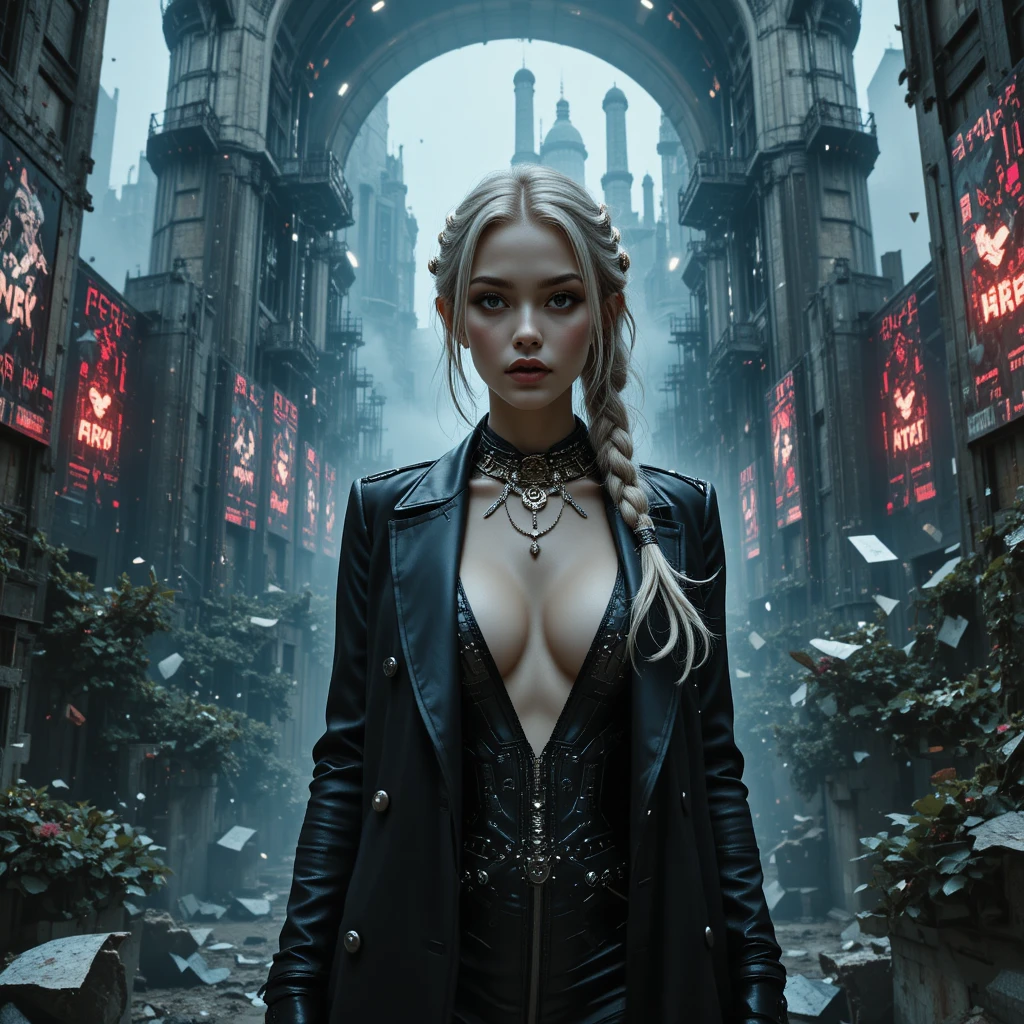 Heroína cyberpunk em ruínas de cidade brutalista com glitch