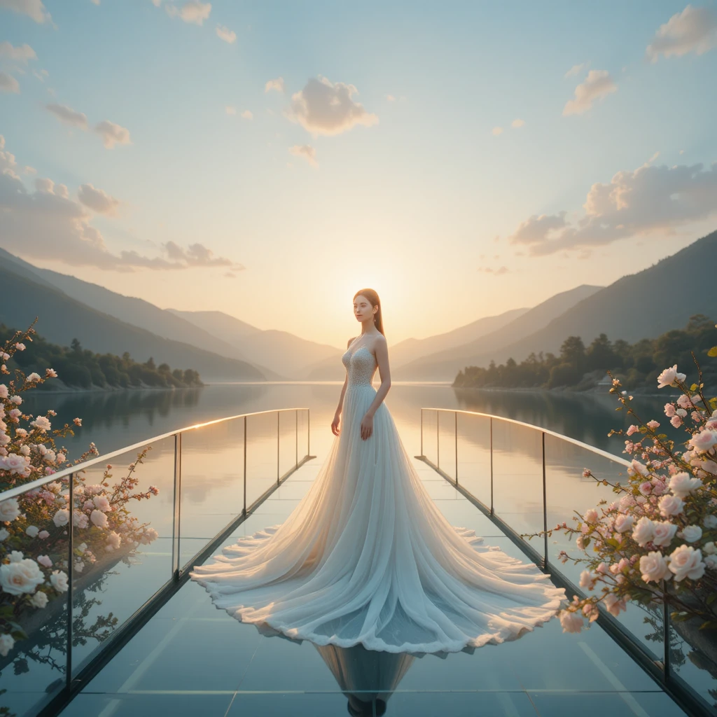 Donna su un ponte di vetro all’alba sopra un lago di montagna
