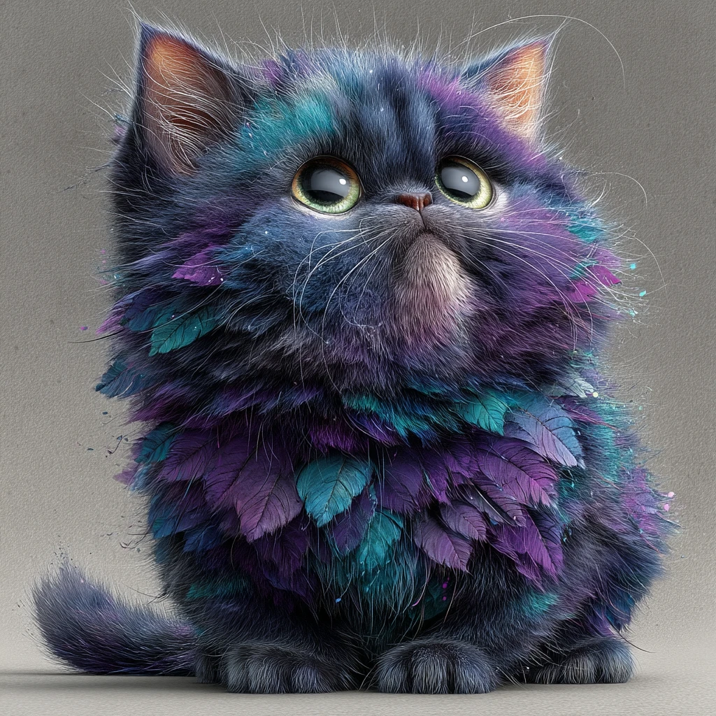 Gatinho estilizado e colorido em ilustração digital divertida