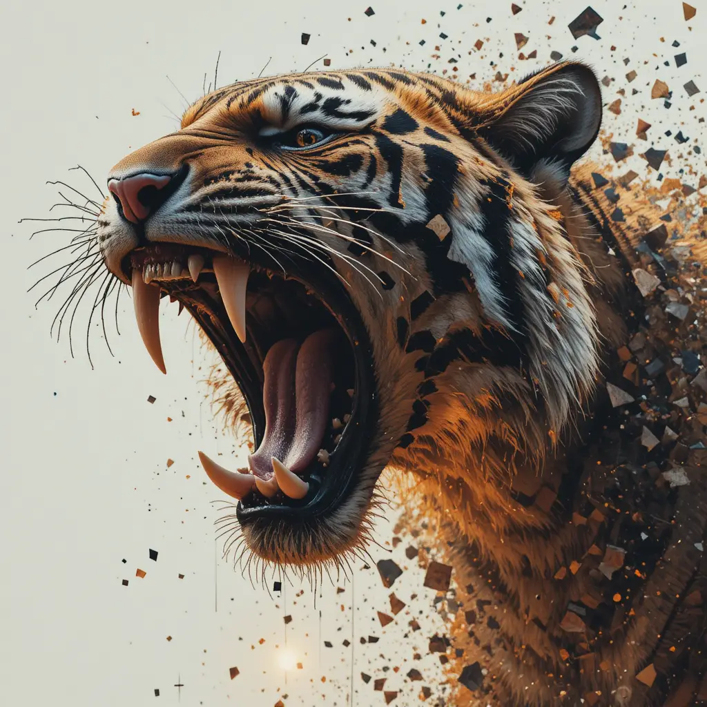 Explodierender Glitch-Tiger, der auf hellem weißen Hintergrund faucht