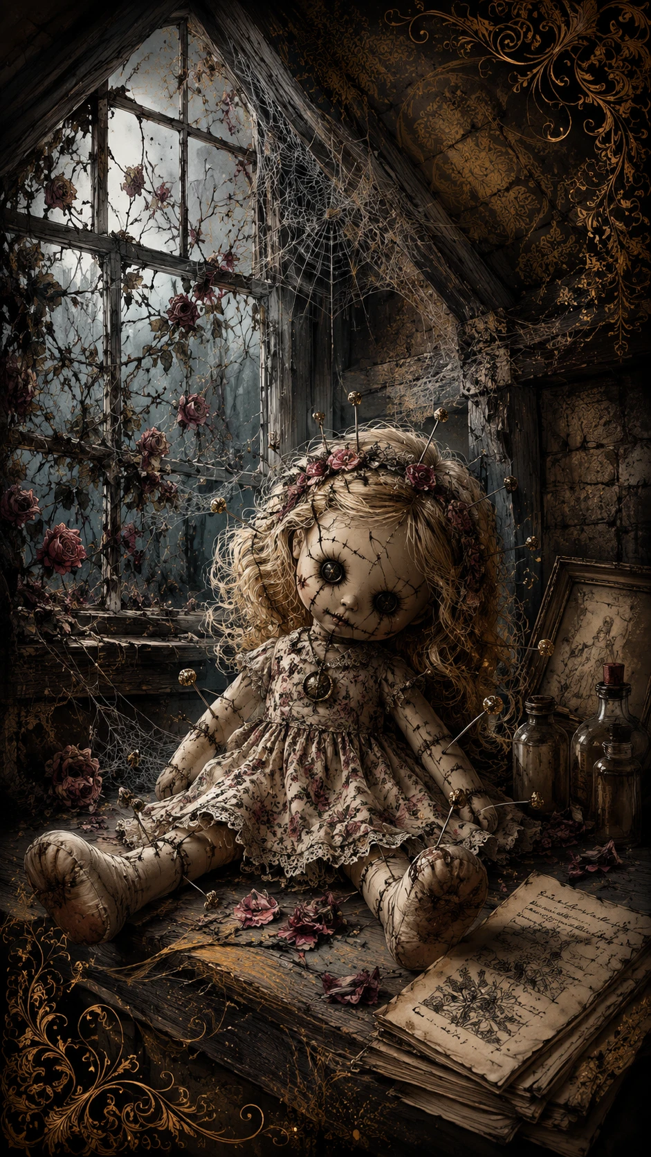 Creepy blonde baby doll on an old attic floor