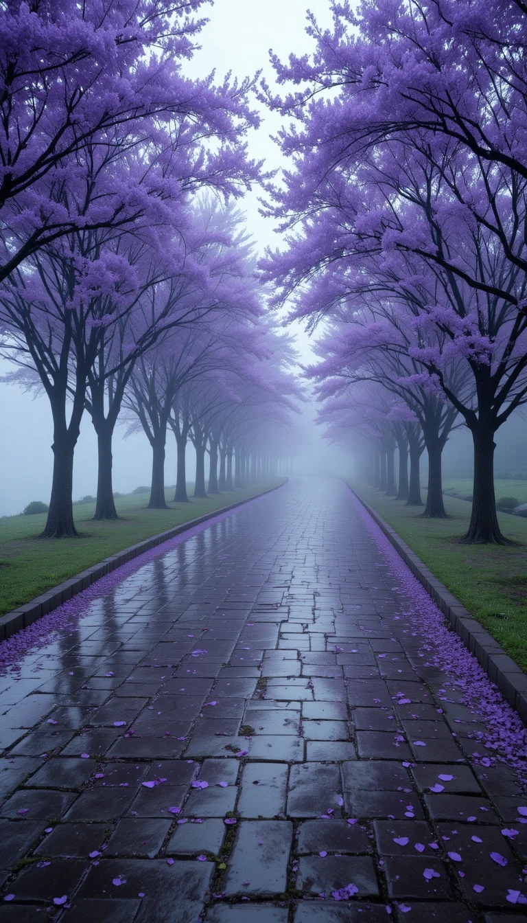 Misty lakeside road under a purple flowering tree canopy