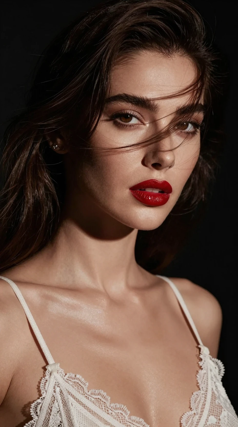 Retrato sensual em close de mulher com cabelo ao vento