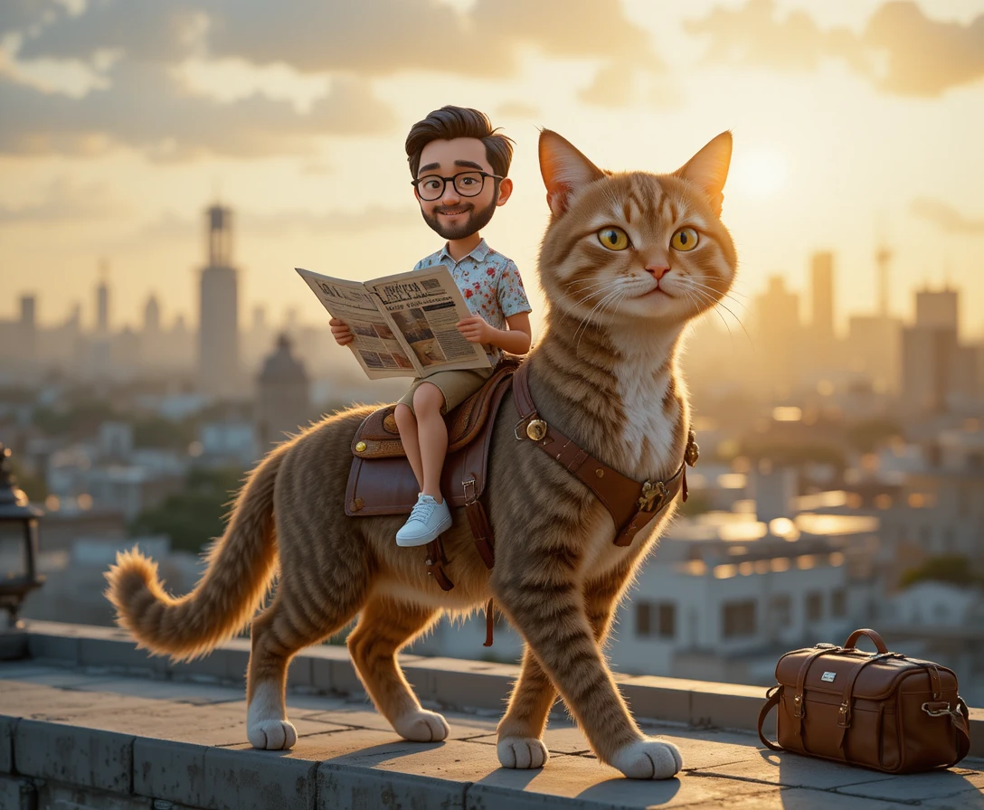 Homem minúsculo lendo em uma sela sobre um enorme gato malhado