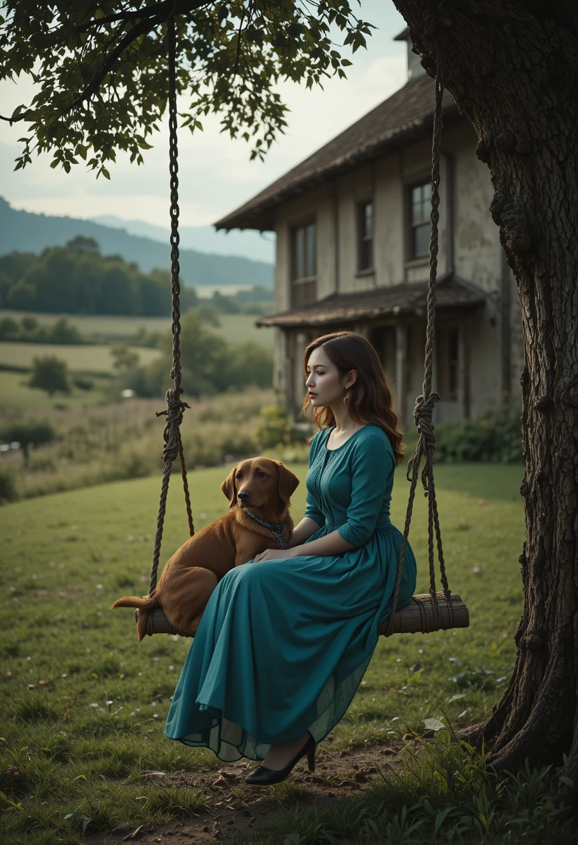 Femme sur une balançoire en corde avec un chien à la campagne paisible