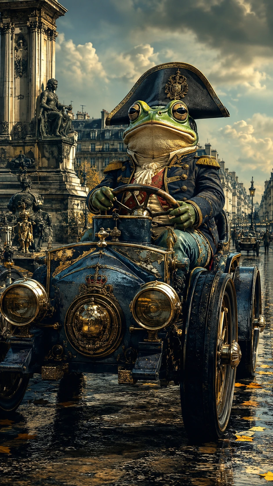 Sapo surreal dirigindo um carro em estilo fantasia sombria