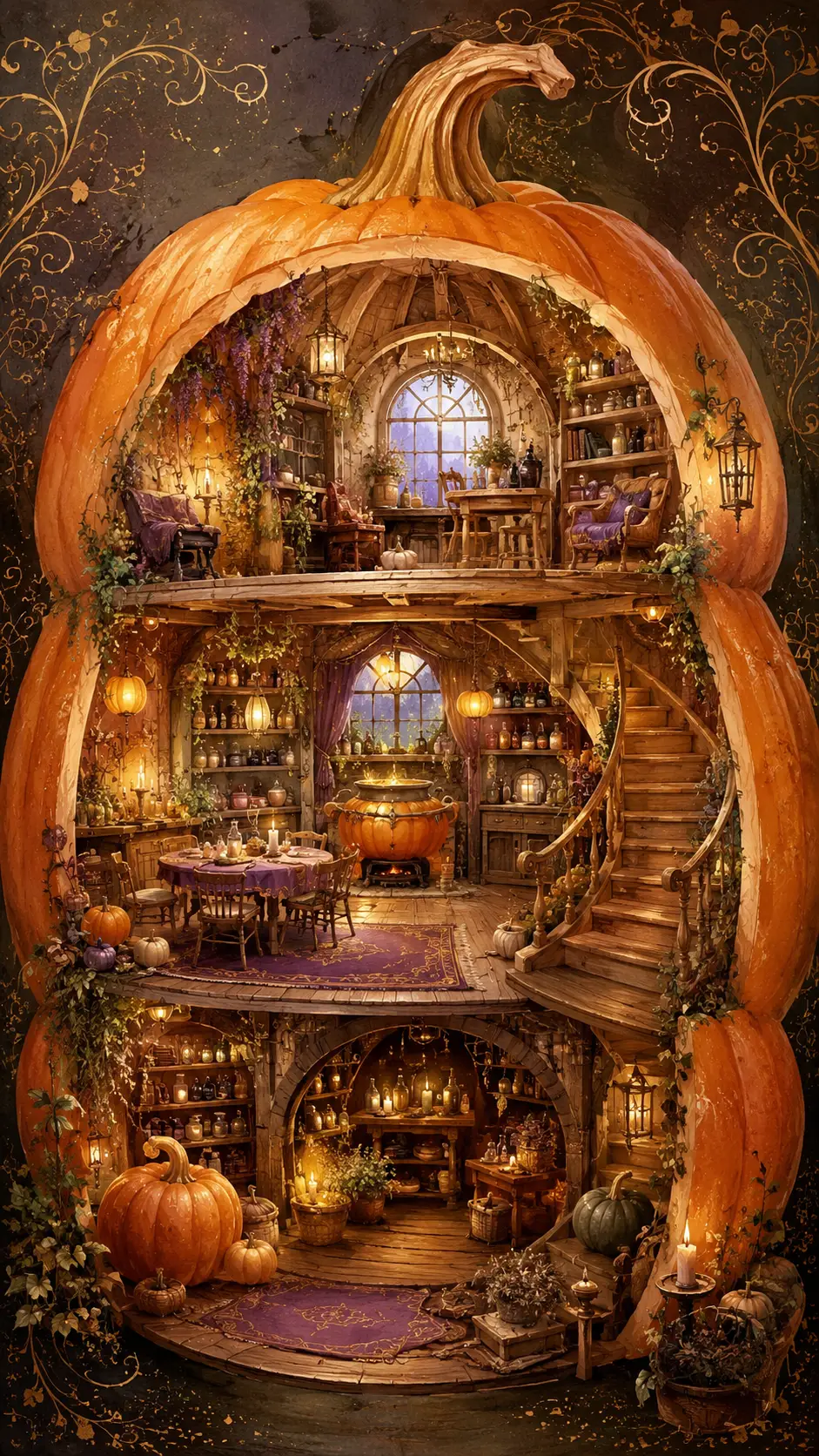 舒適的南瓜造型女巫小屋奇幻風室內景