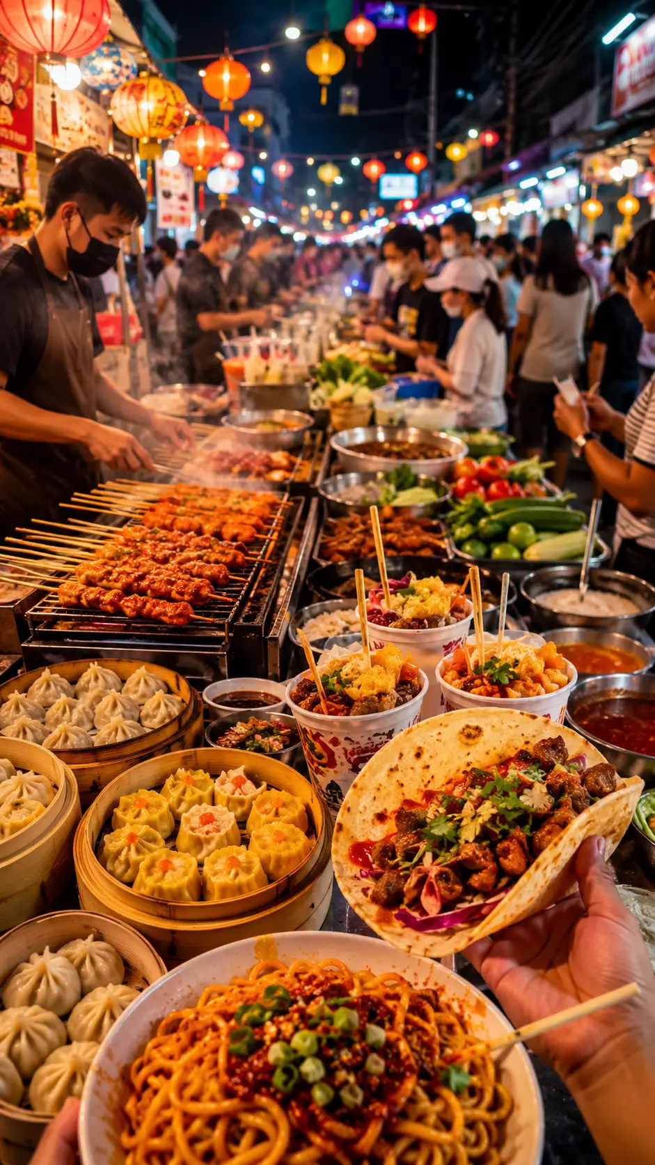 繽紛街頭美食攤位的熱鬧夜市