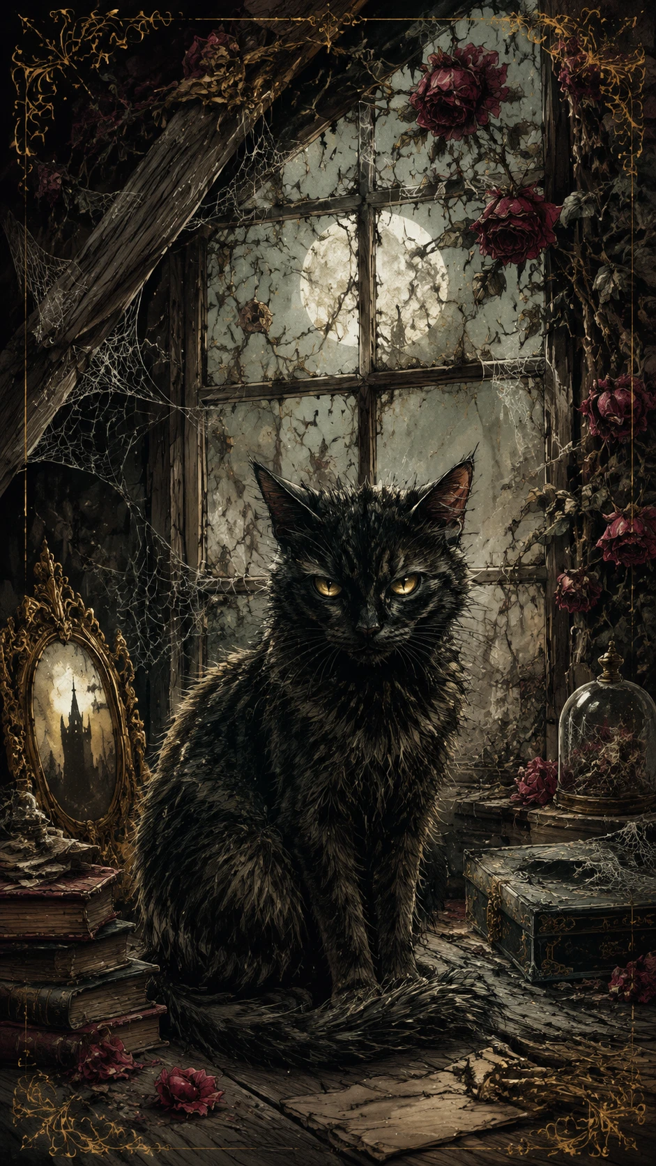 Creepy fantasy cat on an old attic with broken window