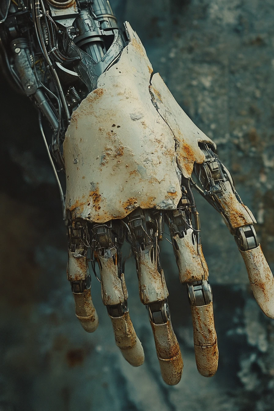 Close up of damaged robotic arm revealing fragile human flesh