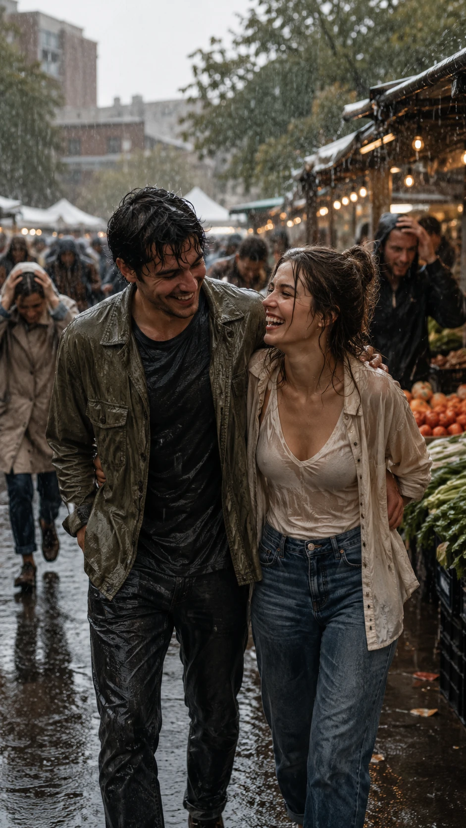 雨のファーマーズマーケットで抱き合って笑うカップル