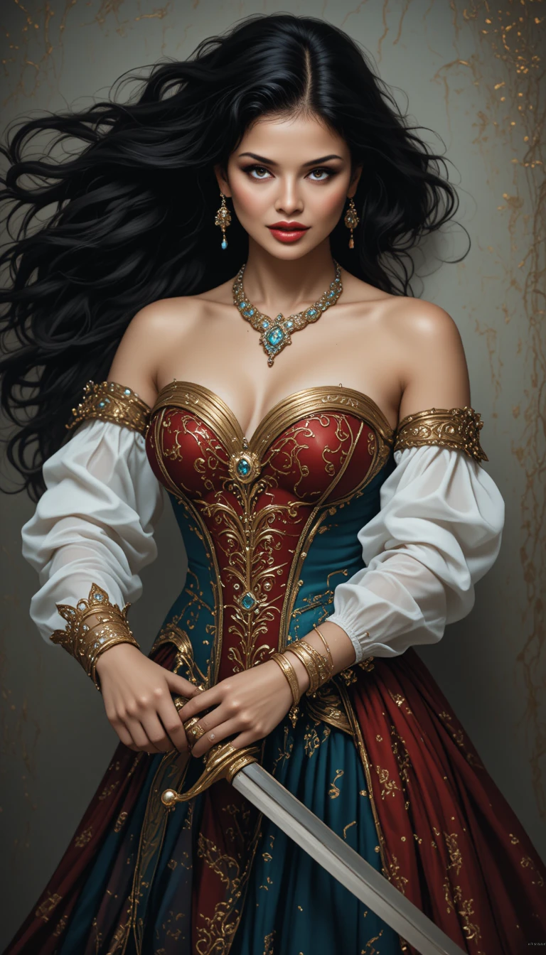 華麗なコルセットドレスと剣を持つファンタジーの女英雄