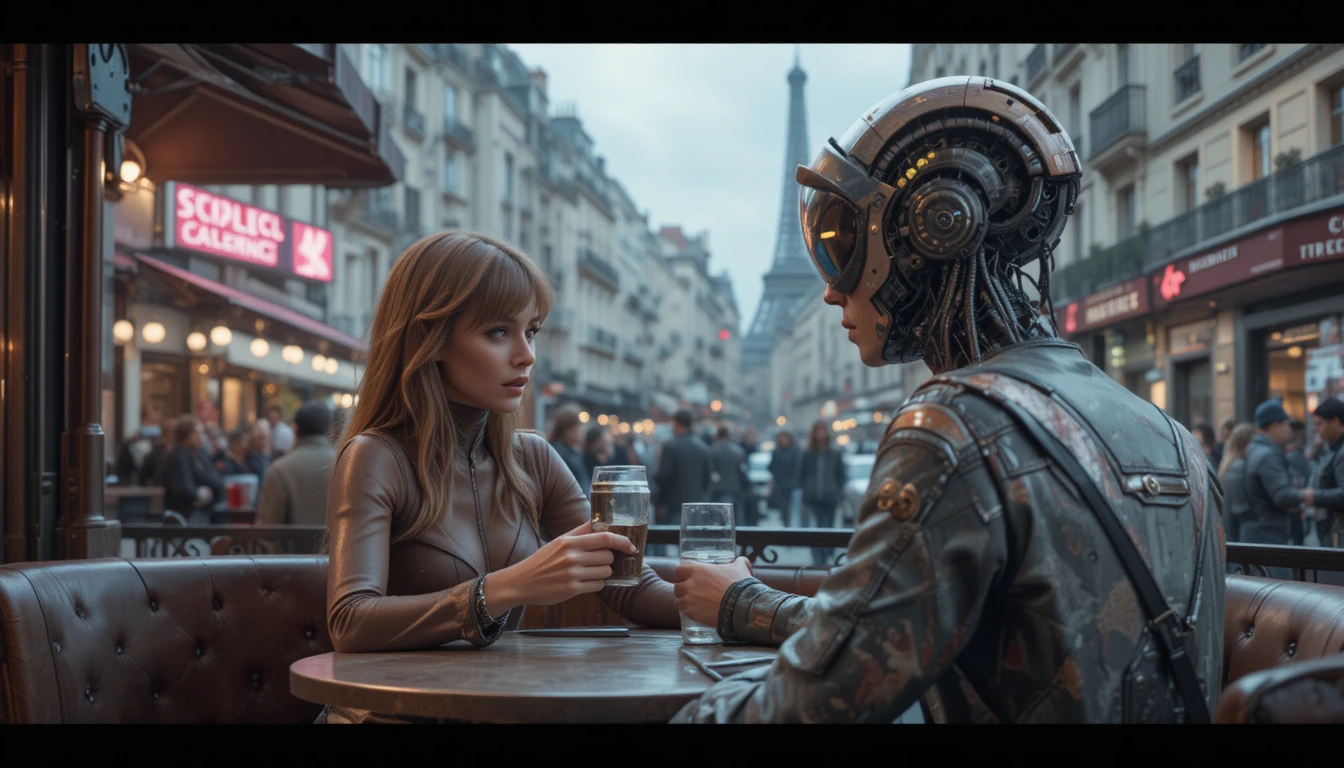 Curvy woman sharing coffee with alien in futuristic Paris view