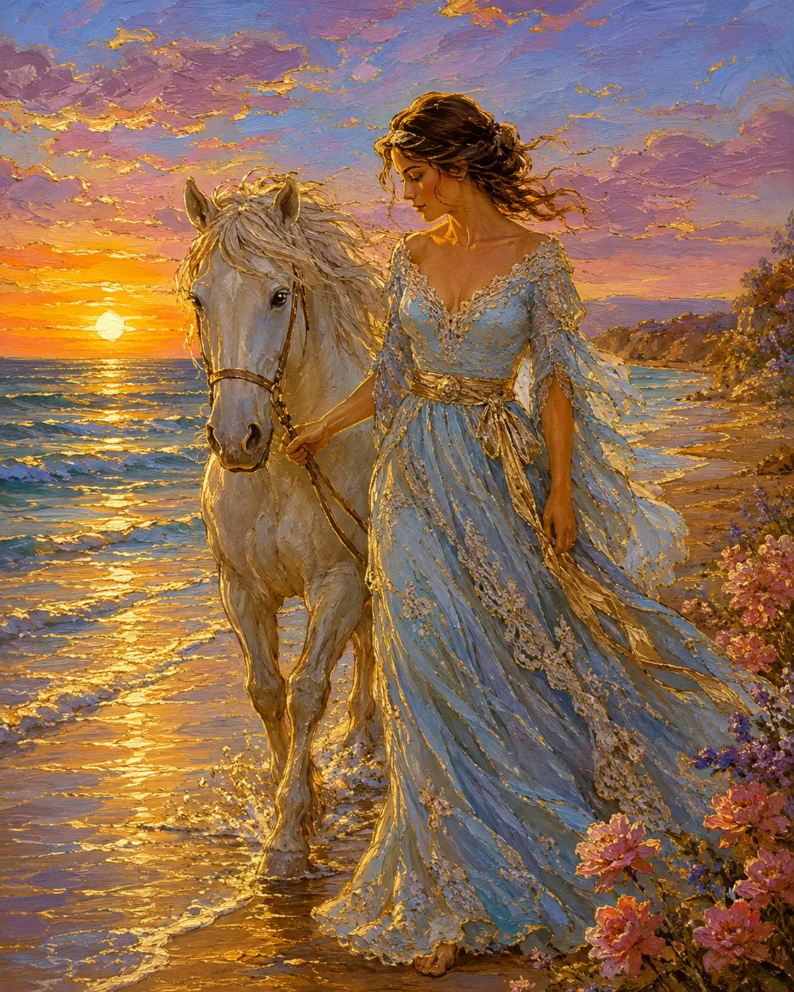 藍色洋裝女子與白馬在夕陽下漫步