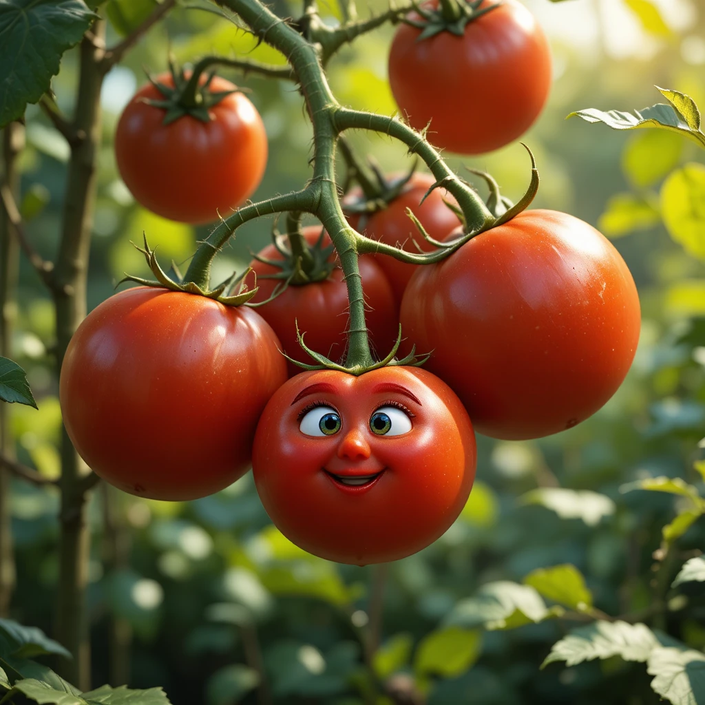 Pequeno tomate ao lado de orgulhosos tomates maduros em jardim ensolarado