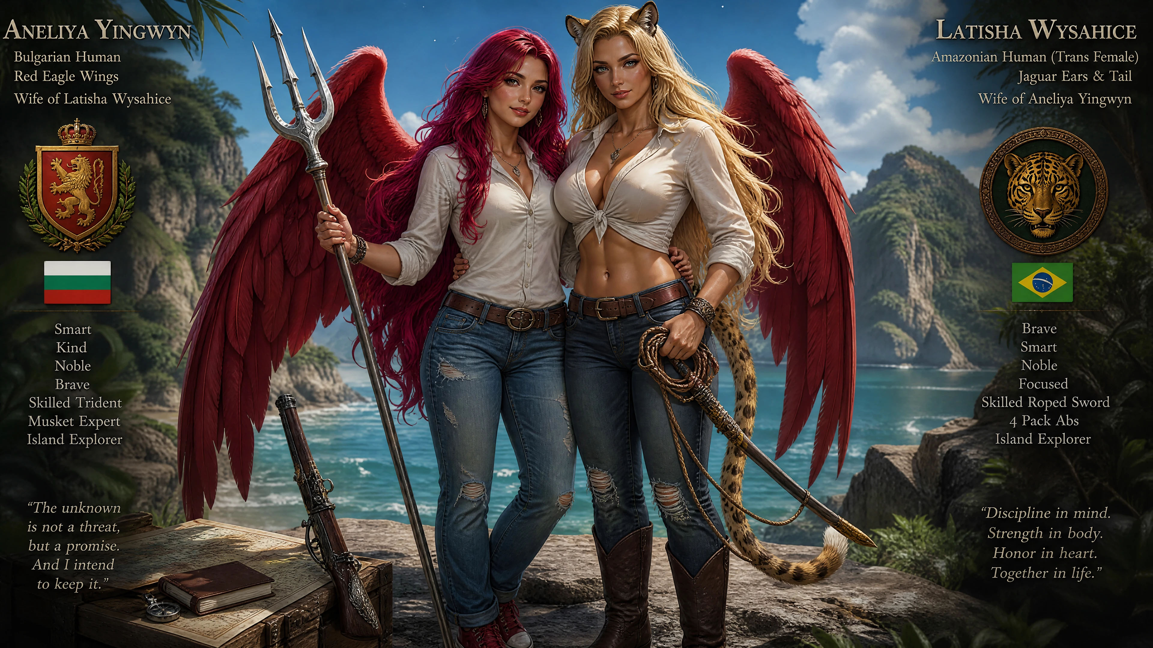 Donna fantasy con ali d’aquila rossa su un’isola remota