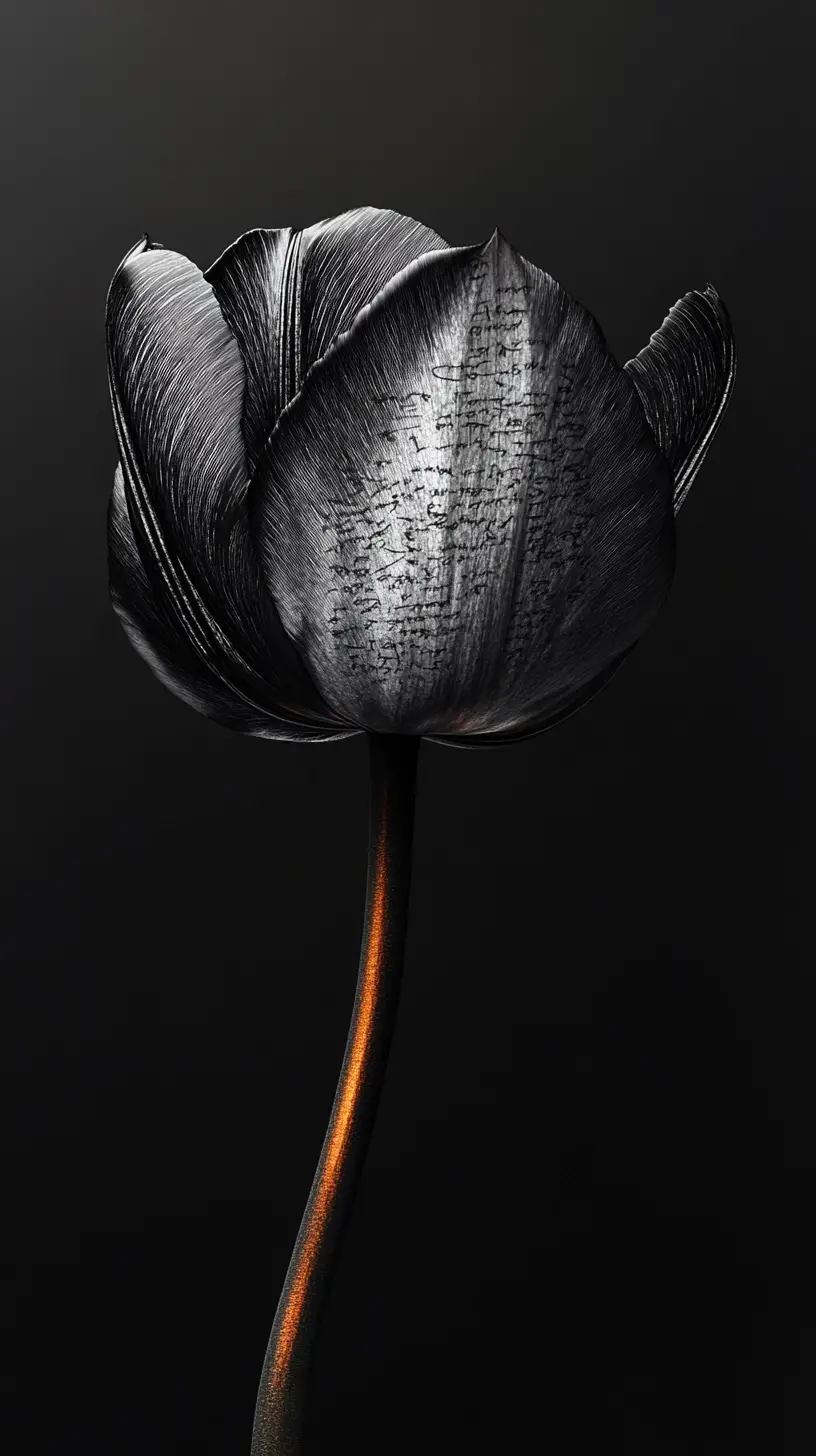 Black tulip emerging from darkness with botanical engravings