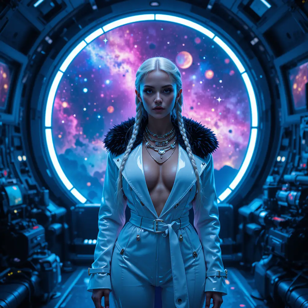 Cyberpunk fashion woman in futuristic space studio