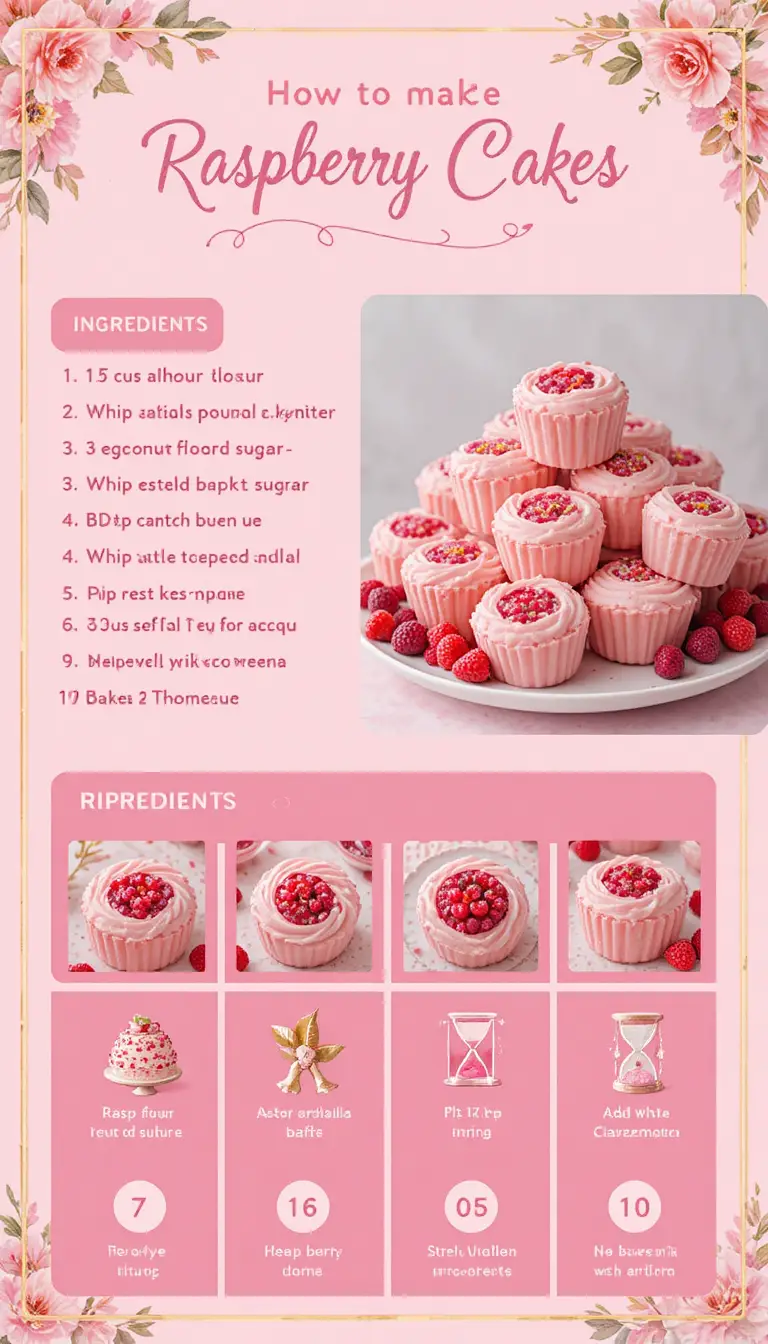Raspberry cakes recipe infographic with pink floral background