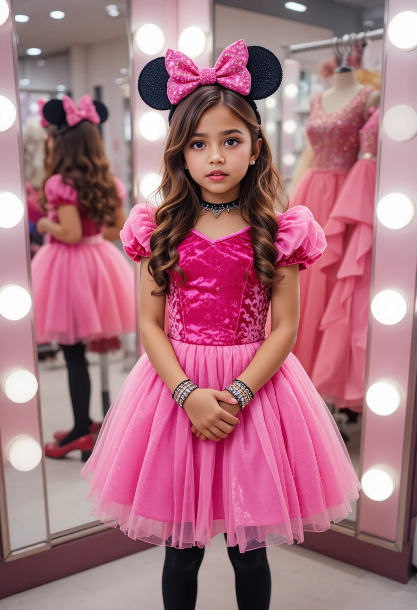 Adolescente nervosa em vestido de princesa rosa posando em loja de vestidos