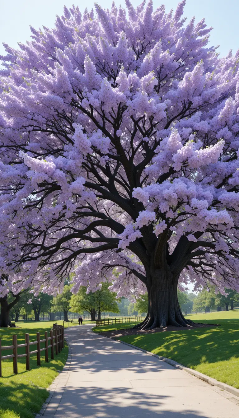 拱罩在寧靜公園小徑上的薰衣草色花樹