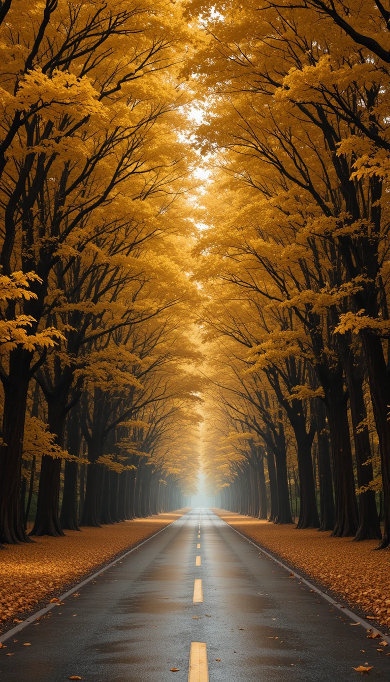 濕潤森林道路構成的金色秋季樹林隧道
