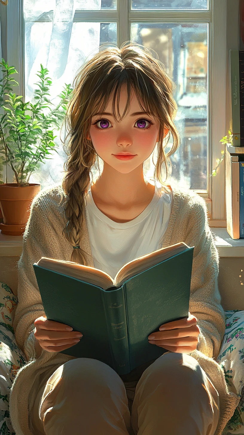 Fille d’anime lisant sur un siège de fenêtre baigné de soleil