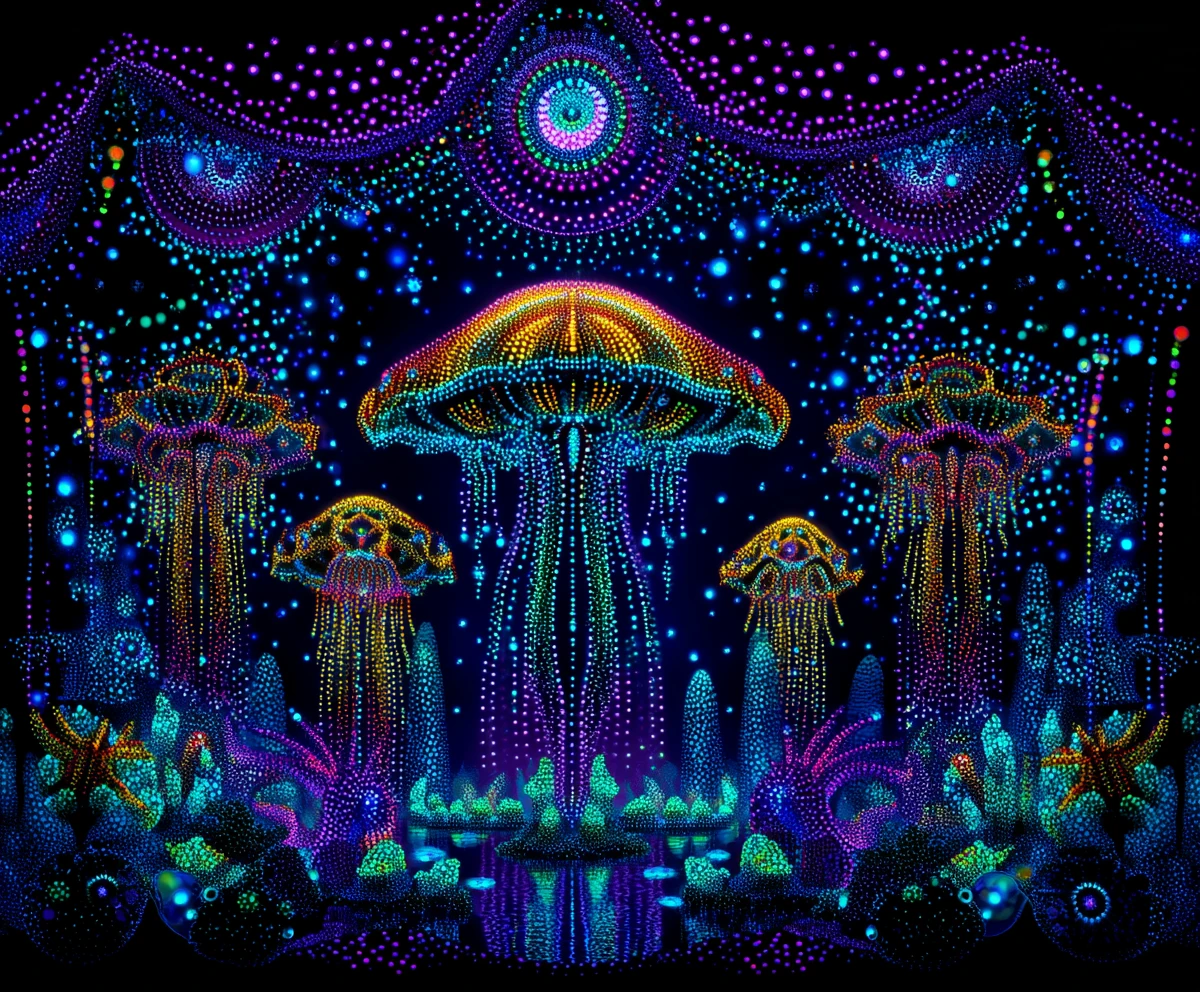 Symmetrical neon light garden in a cosmic void