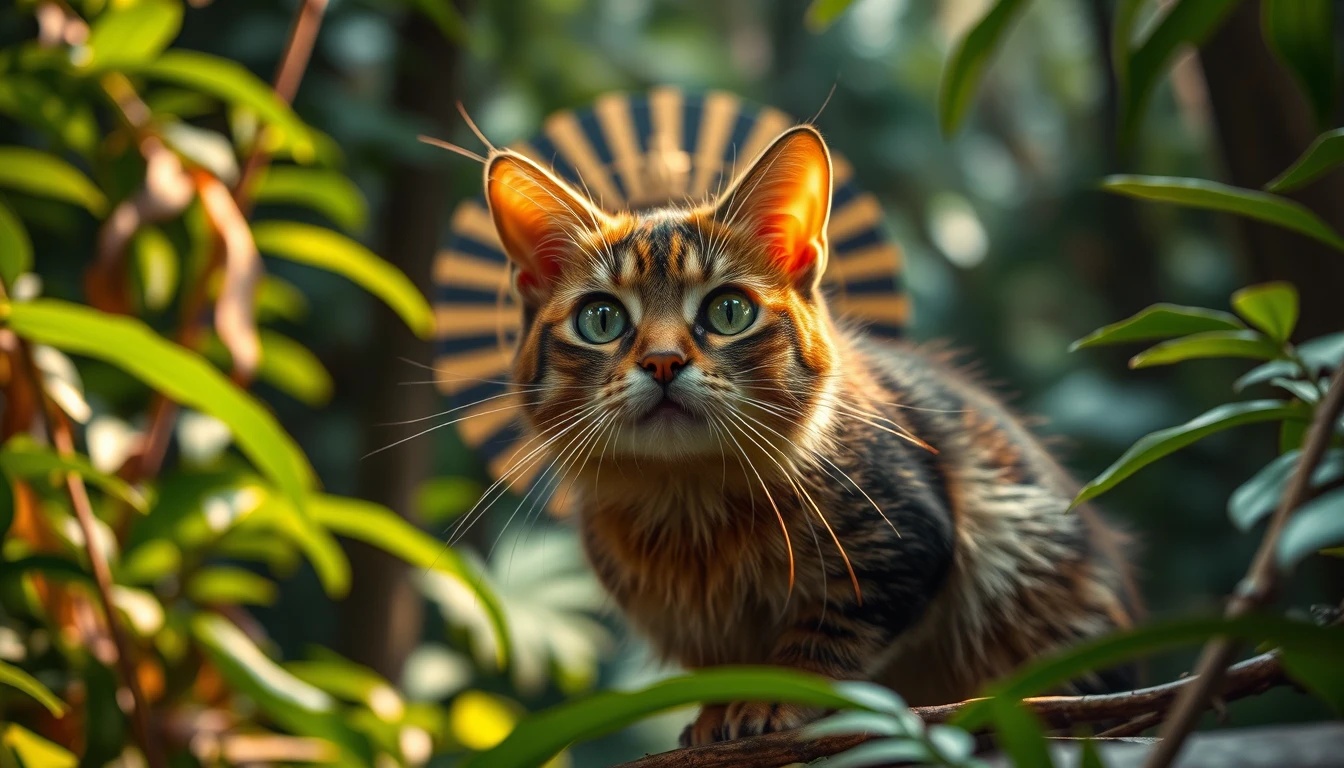 Cartoon-Katzenabenteurer entkommt einem Hinterhalt im peruanischen Dschungel