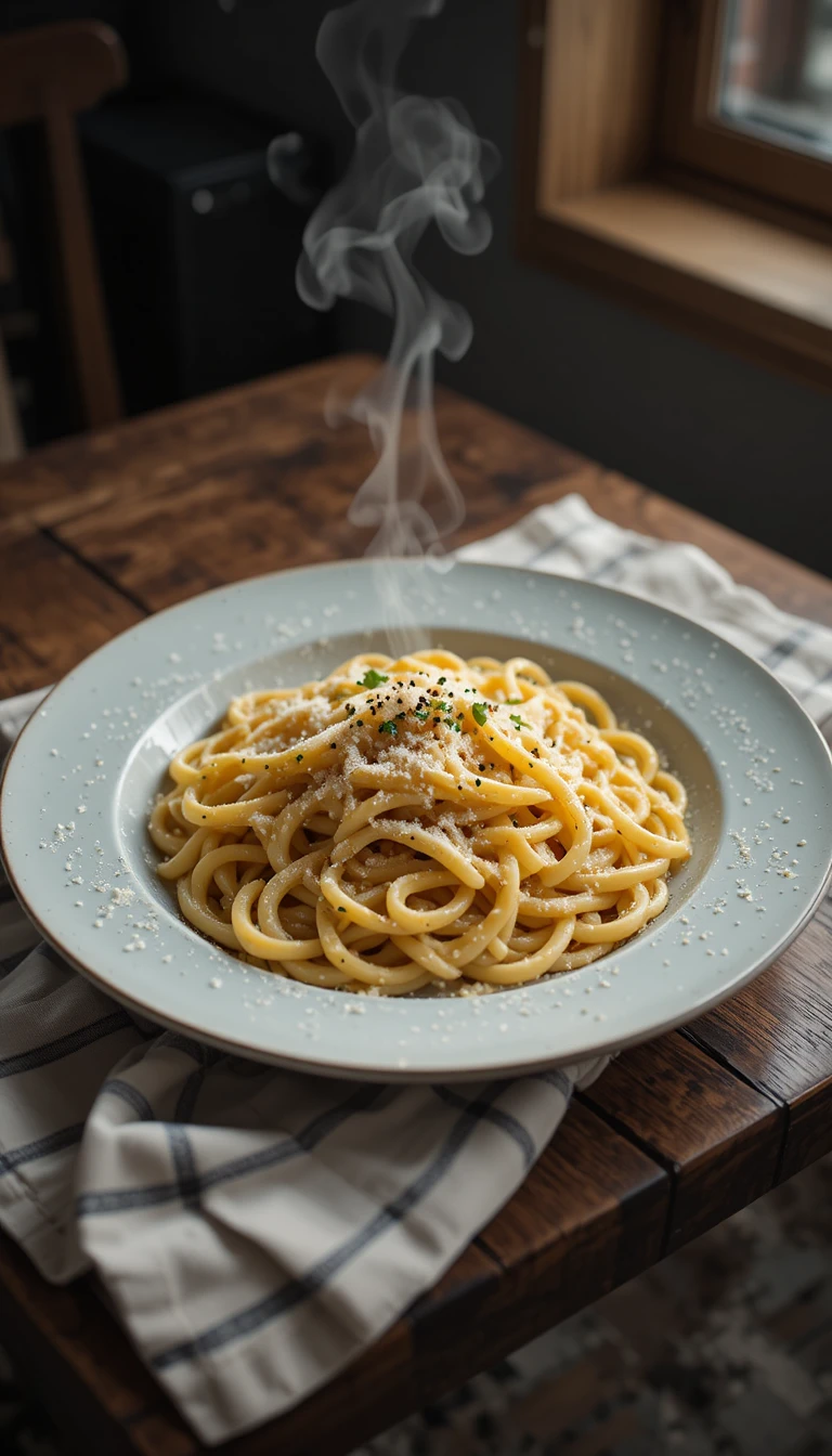 Plate of pasta carbonara on wooden table in soft light