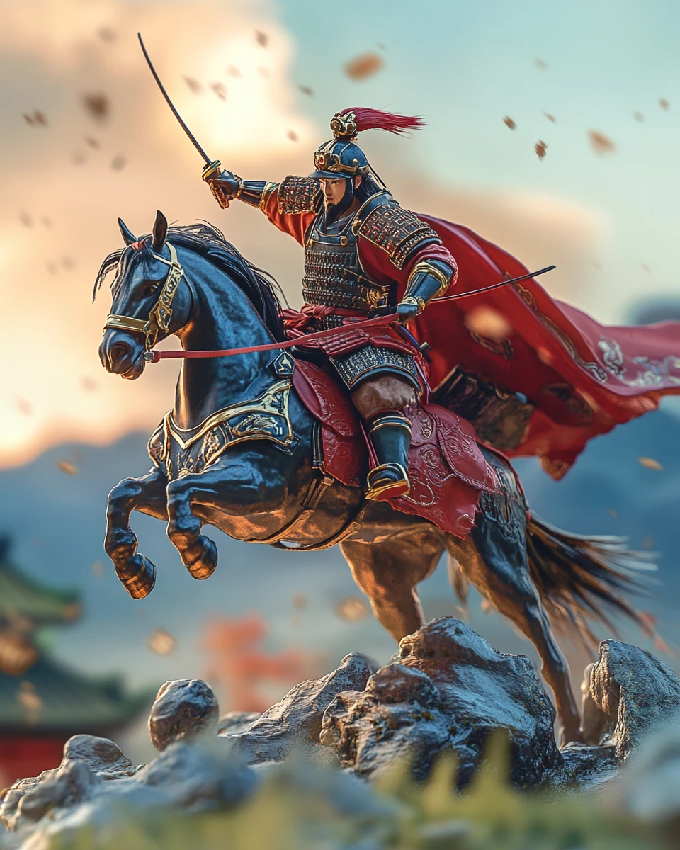Guerreiro samurai em miniatura lutando a cavalo em batalha