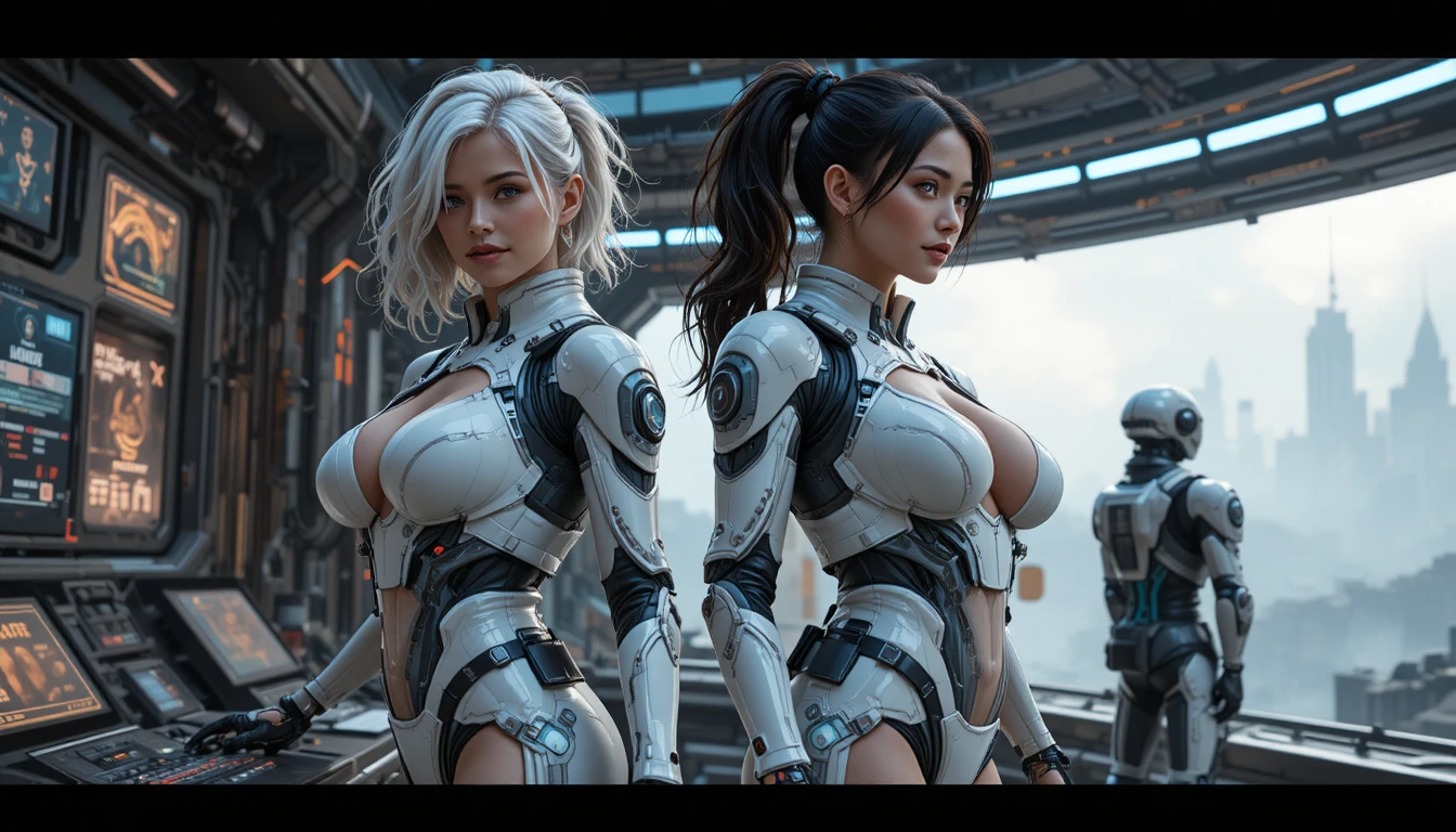 Zwei Sci-Fi-Frauen in gepanzerten Anzügen an einem Weltraumposten